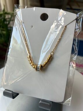 Gold Bead Necklace with Crystal Accent